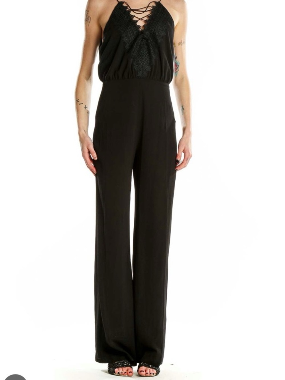 Wayf XS Black Lace Up Wide Leg Classic Business Semi Formal Jumpsuit